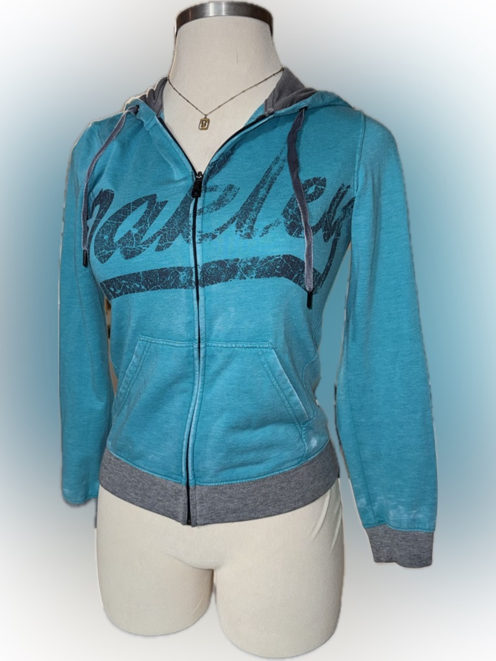 Y2K Oakley Women’s Turquoise Zip-Up Hoodie with Graphic Script - Picture 2 of 8